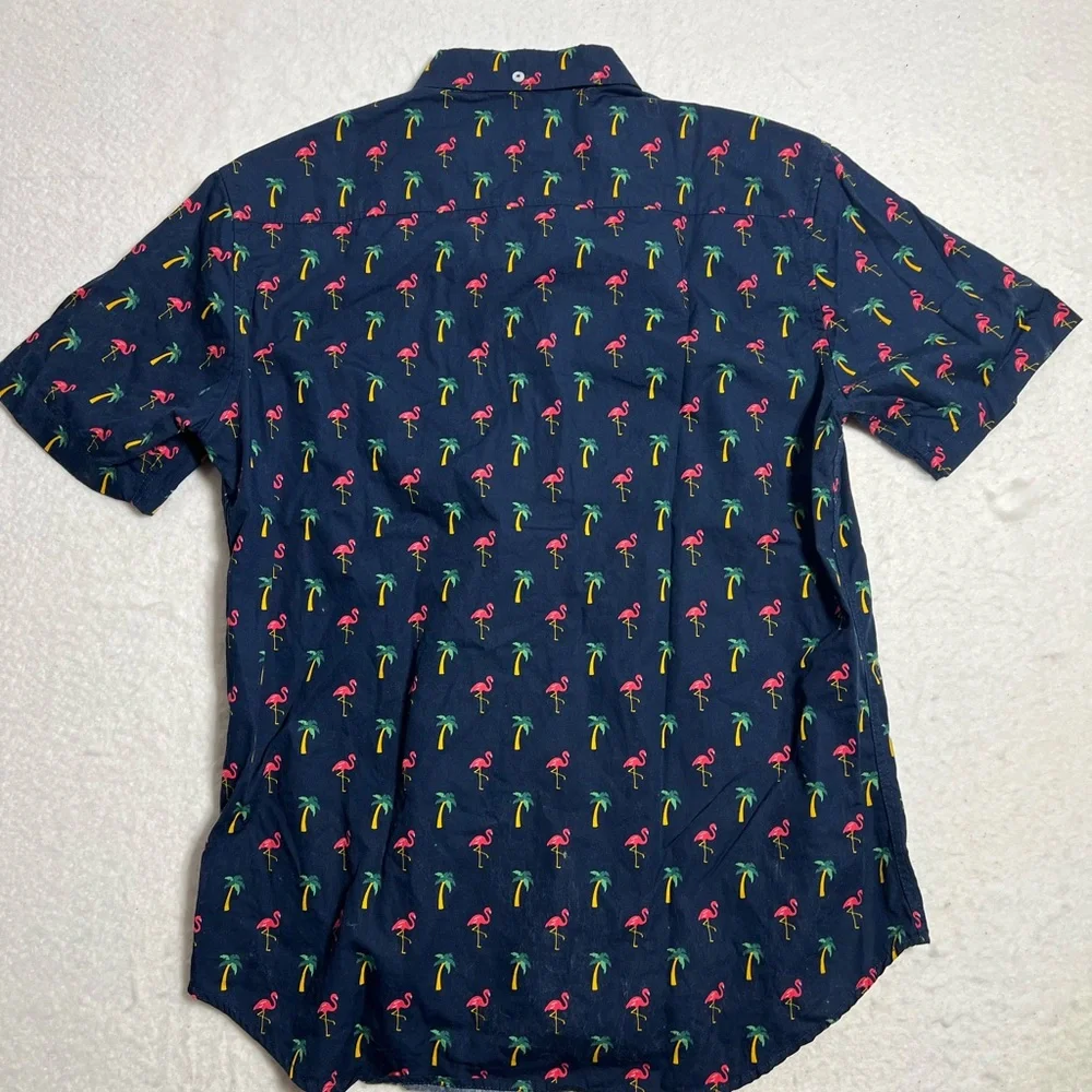 Men’s Navy Short-Sleeve Flamingo Print Shirt - Picture 4 of 8